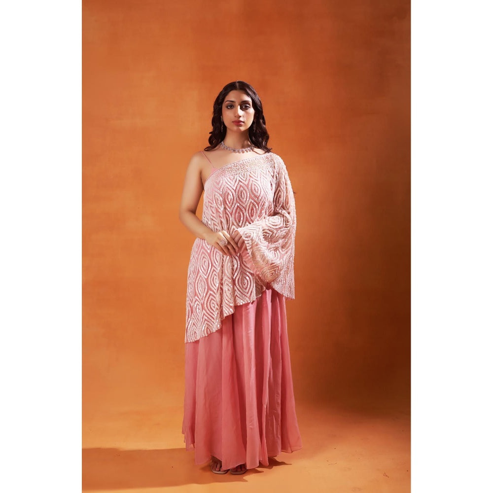 Jasashi Pink Asymmetrical Embellished Indo-Western Top with Skirt (Set of 2)