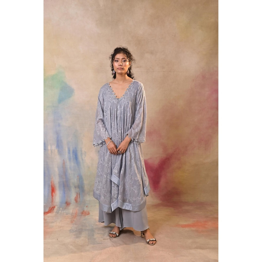 Jasashi Elegant Grey Embroidered Indo-Western Kurta with Palazzo (Set of 2)