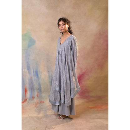 Jasashi Elegant Grey Embroidered Indo-Western Kurta with Palazzo (Set of 2)