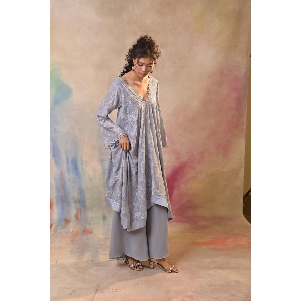 Jasashi Elegant Grey Embroidered Indo-Western Kurta with Palazzo (Set of 2)
