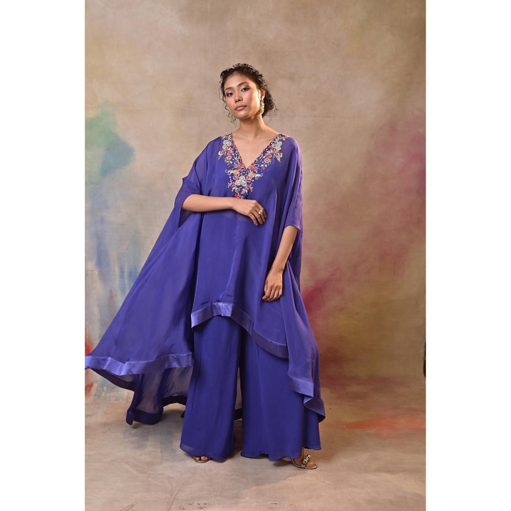 Jasashi Royal Blue Embroidered Indo-Western Cape Sleeve Kurta with Palazzo (Set of 2)