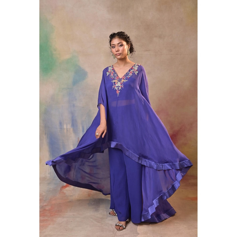 Jasashi Royal Blue Embroidered Indo-Western Cape Sleeve Kurta with Palazzo (Set of 2)