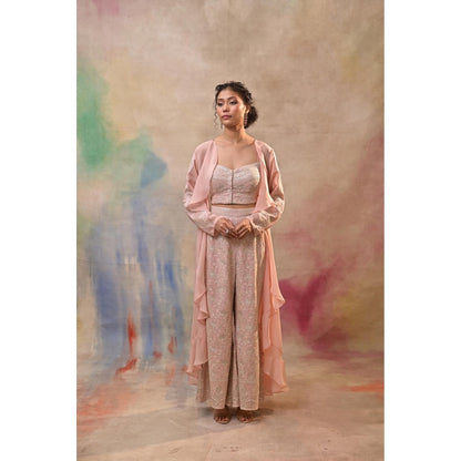 Jasashi Blush Pink Embroidered Indo-Western Crop Top with Palazzo and Cape (Set of 3)