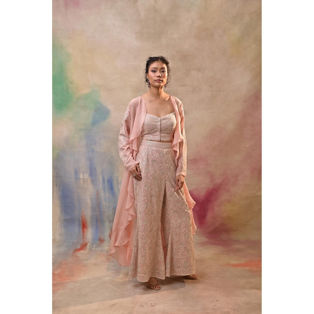 Jasashi Blush Pink Embroidered Indo-Western Crop Top with Palazzo and Cape (Set of 3)
