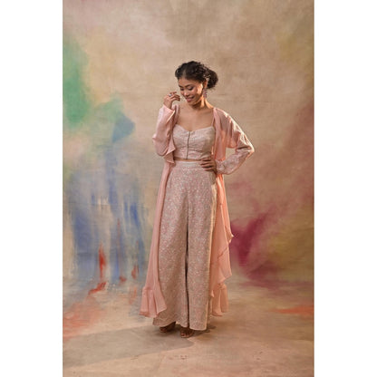 Jasashi Blush Pink Embroidered Indo-Western Crop Top with Palazzo and Cape (Set of 3)