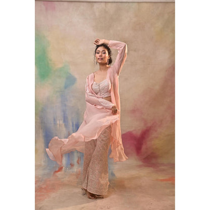 Jasashi Blush Pink Embroidered Indo-Western Crop Top with Palazzo and Cape (Set of 3)
