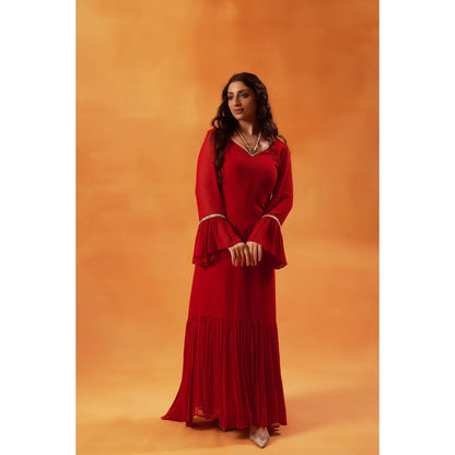 Jasashi Radiant Red Embroidery Anarkali with Dupatta (Set of 2)