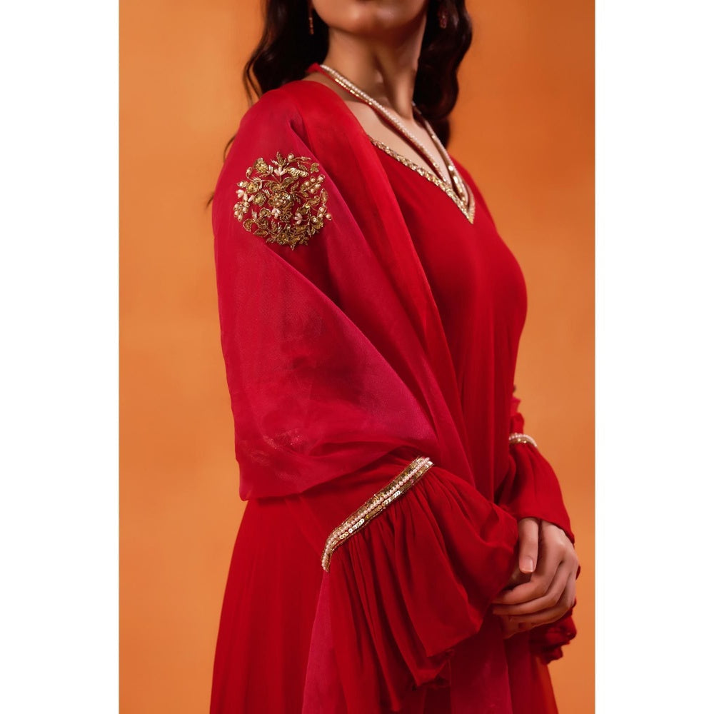 Jasashi Radiant Red Embroidery Anarkali with Dupatta (Set of 2)