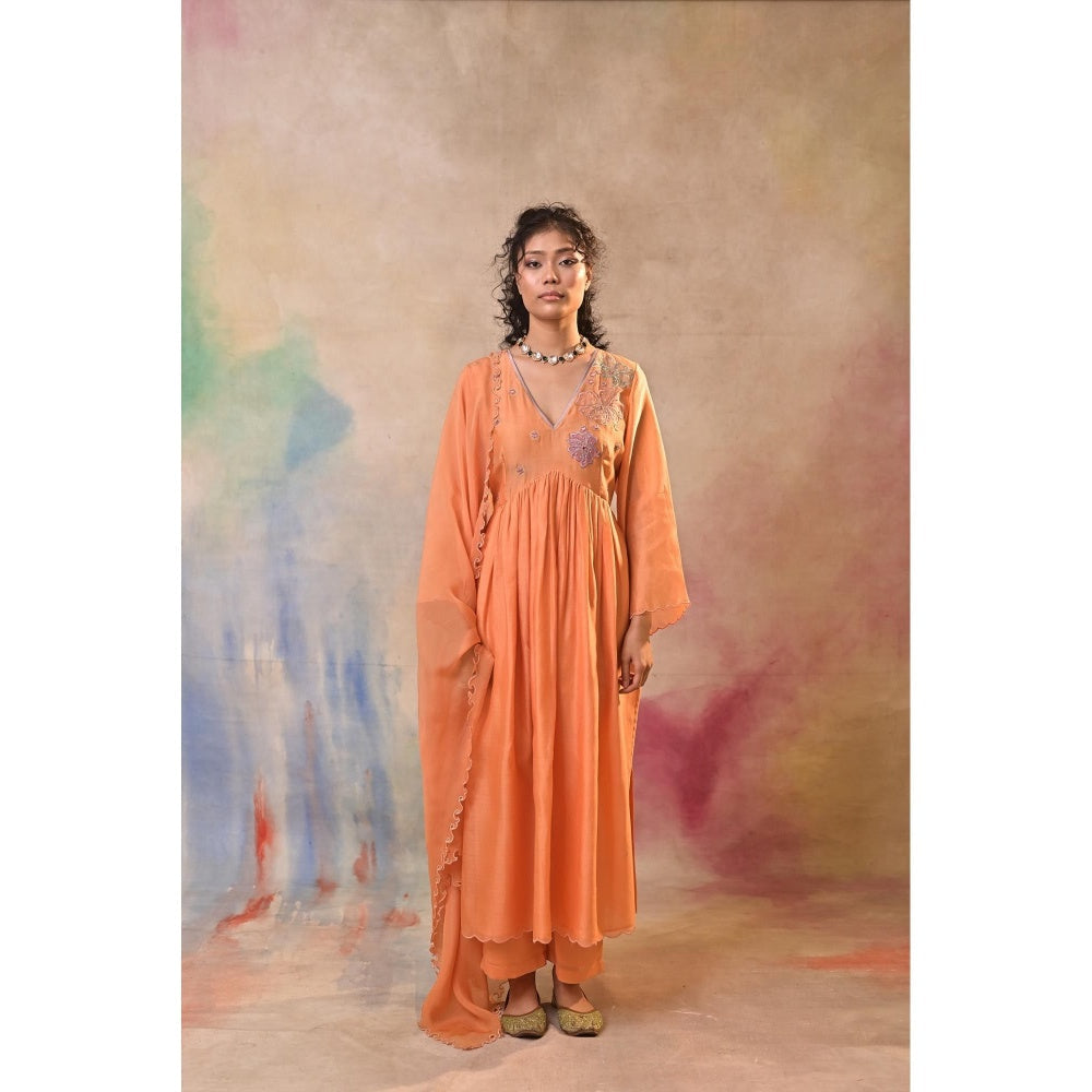 Jasashi Peach Floral Embroidered Kurta with Palazzo and Dupatta (Set of 3)