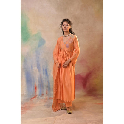 Jasashi Peach Floral Embroidered Kurta with Palazzo and Dupatta (Set of 3)