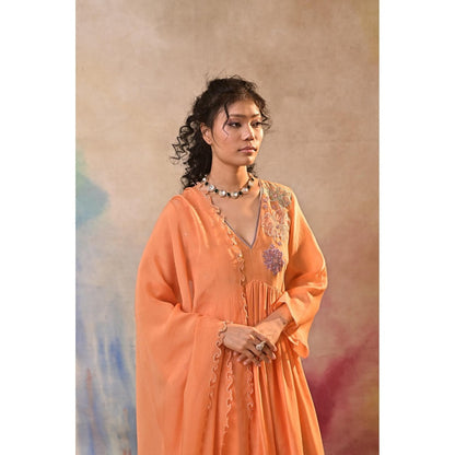 Jasashi Peach Floral Embroidered Kurta with Palazzo and Dupatta (Set of 3)