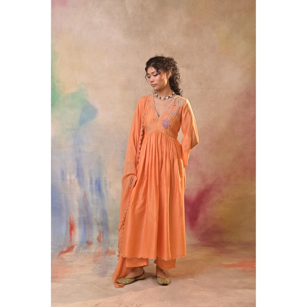Jasashi Peach Floral Embroidered Kurta with Palazzo and Dupatta (Set of 3)