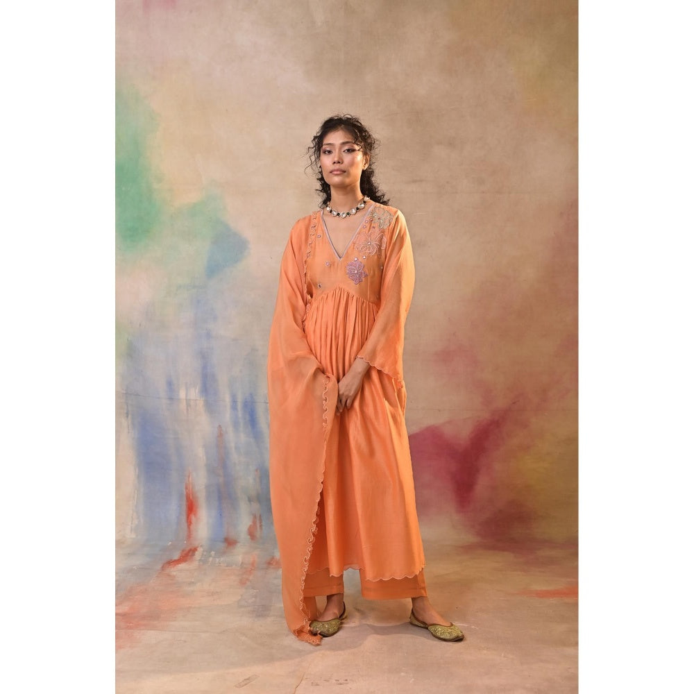 Jasashi Peach Floral Embroidered Kurta with Palazzo and Dupatta (Set of 3)