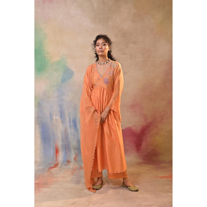 Jasashi Peach Floral Embroidered Kurta with Palazzo and Dupatta (Set of 3)