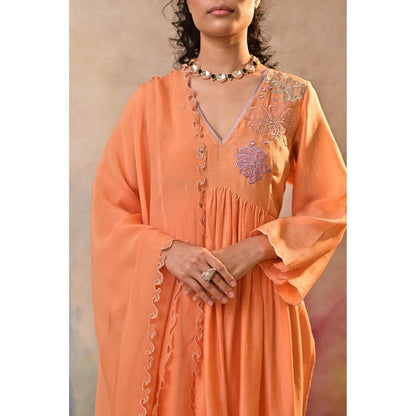 Jasashi Peach Floral Embroidered Kurta with Palazzo and Dupatta (Set of 3)