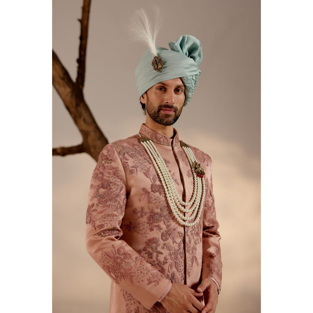 Jatin Malik Orchid Pink Sherwani with Blue Safa (Set of 4)