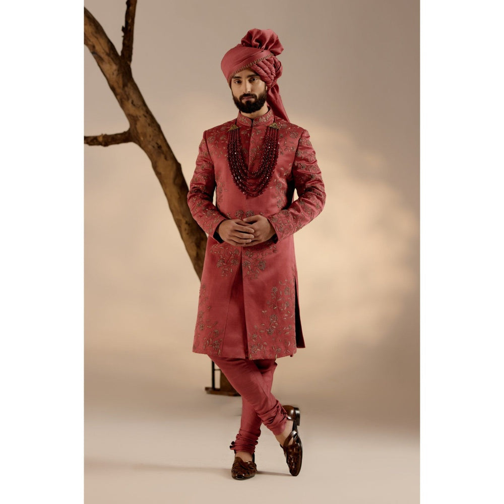 Jatin Malik Red Ochre Sherwani with Safa (Set of 4)