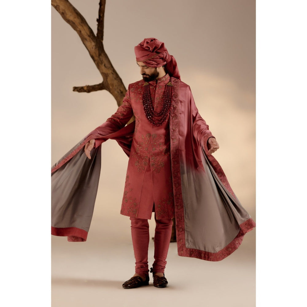 Jatin Malik Red Ochre Sherwani with Safa (Set of 4)