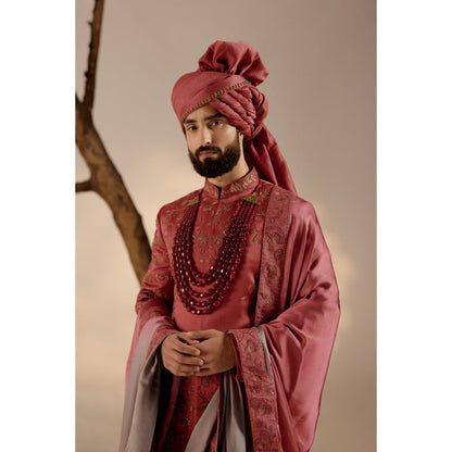 Jatin Malik Red Ochre Sherwani with Safa & Stole (Set of 5)