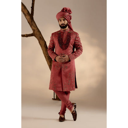 Jatin Malik Red Ochre Sherwani with Safa & Stole (Set of 5)