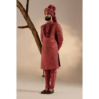 Jatin Malik Red Ochre Sherwani with Safa & Stole (Set of 5)