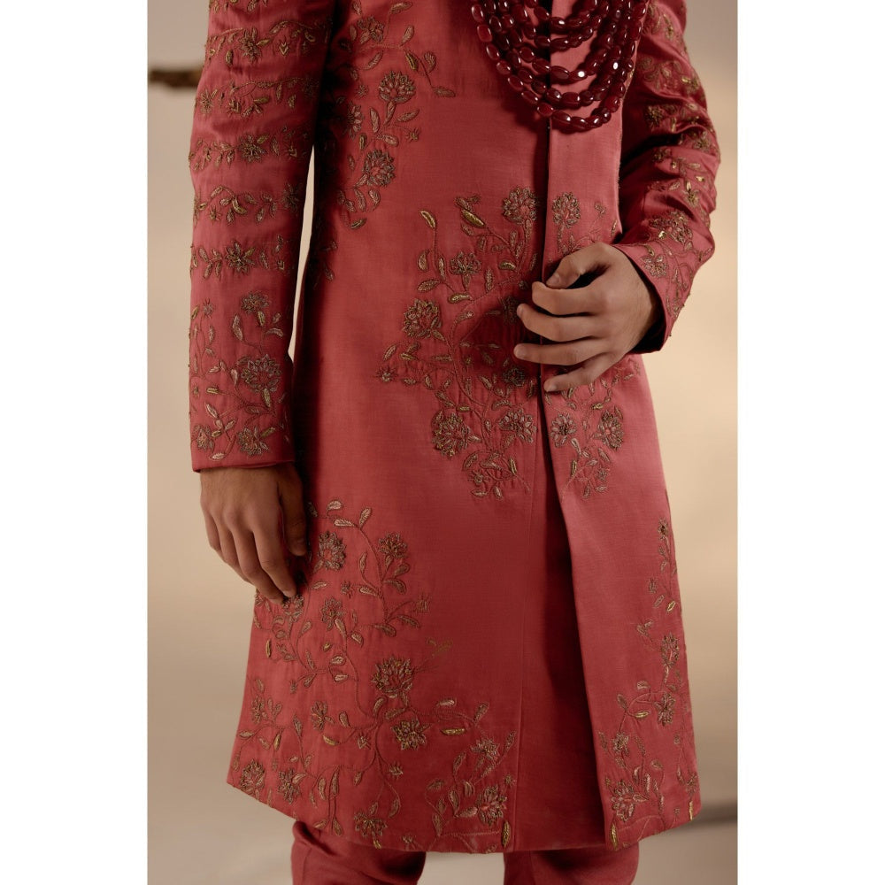 Jatin Malik Red Ochre Sherwani with Safa & Stole (Set of 5)