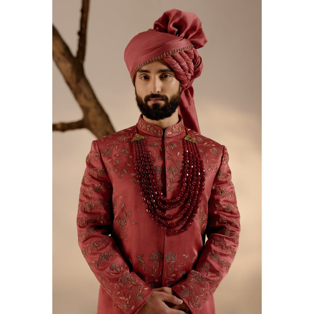 Jatin Malik Red Ochre Sherwani with Safa & Stole (Set of 5)
