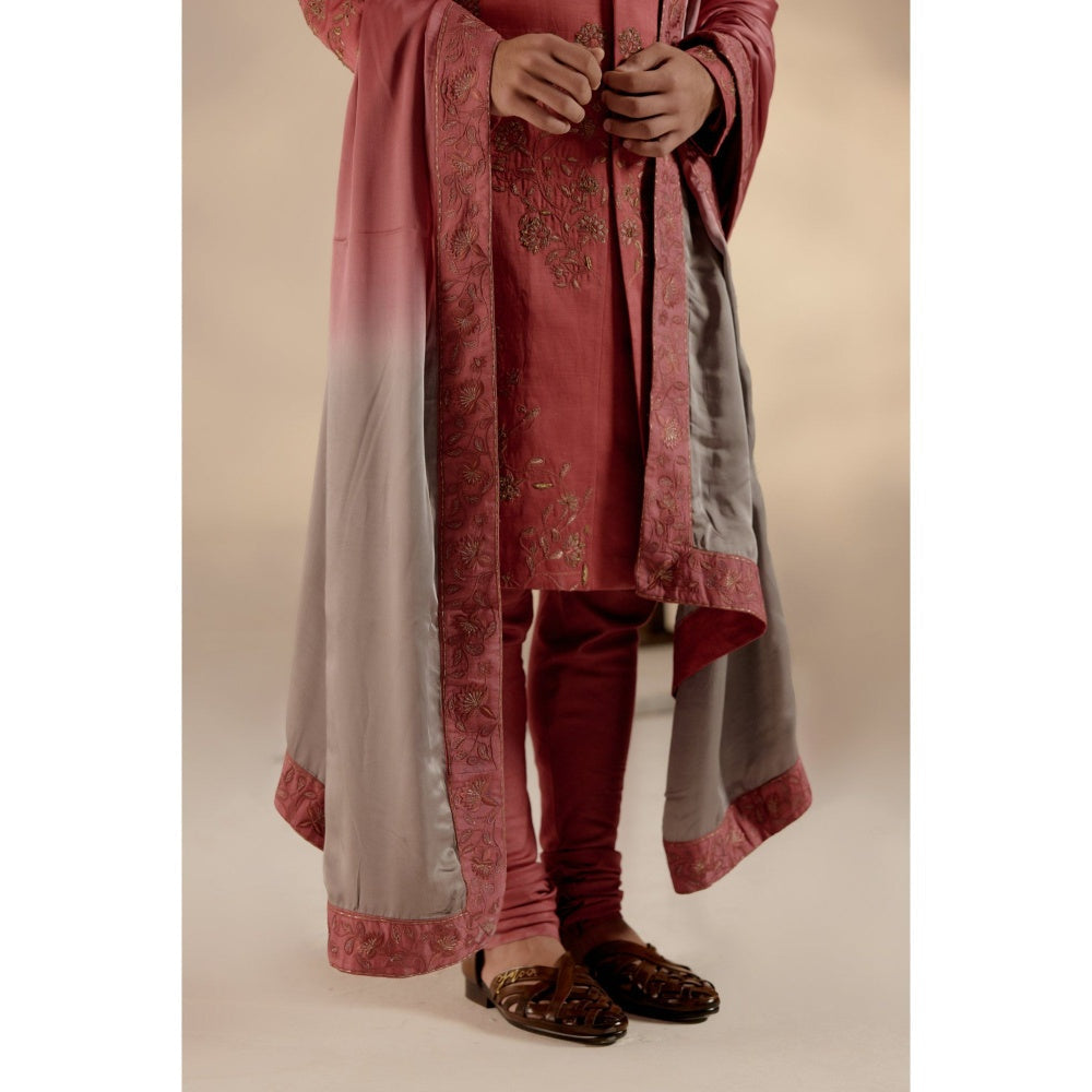 Jatin Malik Red Ochre Sherwani with Safa & Stole (Set of 5)