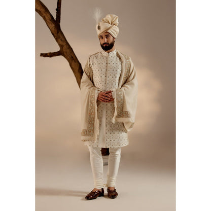Jatin Malik Turtle Dove Sherwani with Pashmina Shawl & Safa (Set of 5)