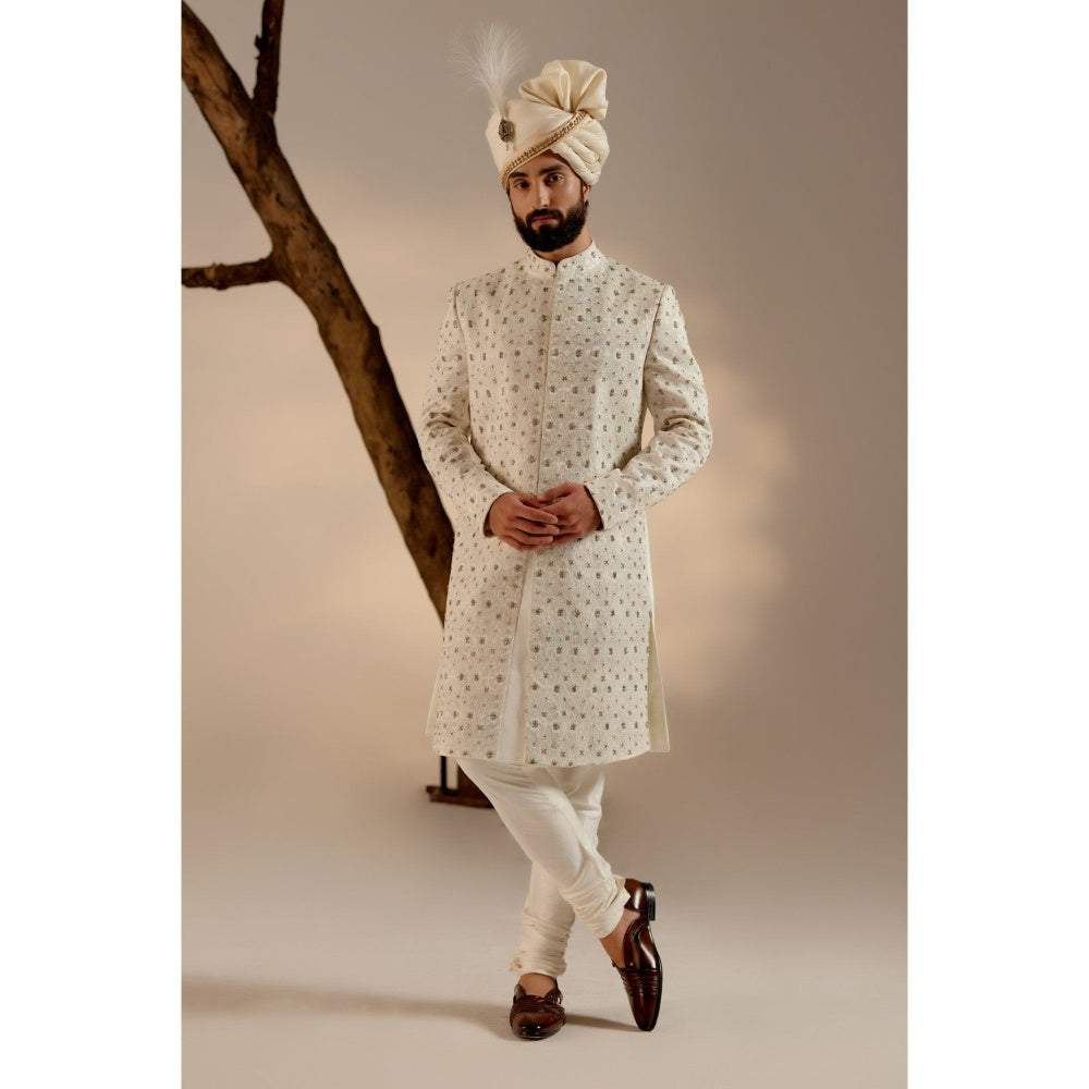 Jatin Malik Turtle Dove Sherwani with Pashmina Shawl & Safa (Set of 5)
