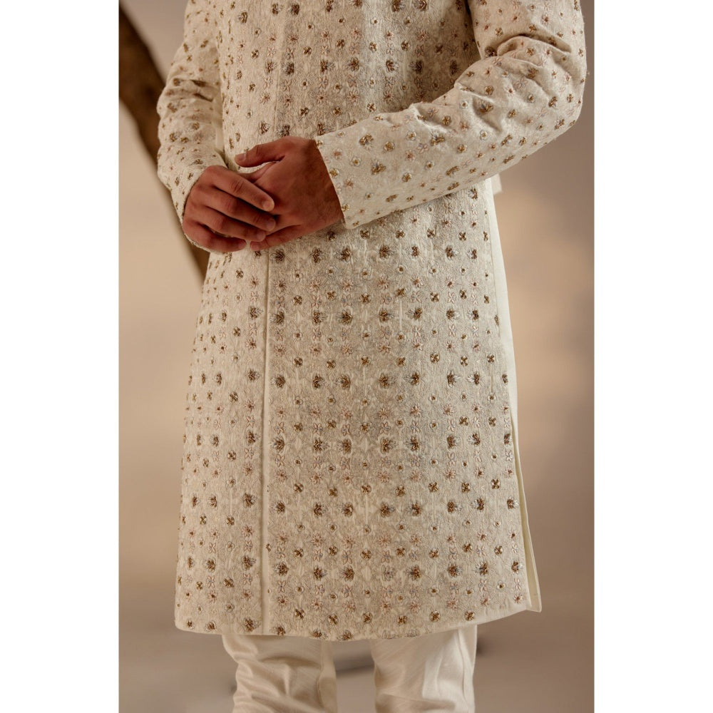 Jatin Malik Turtle Dove Sherwani with Pashmina Shawl & Safa (Set of 5)