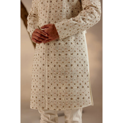 Jatin Malik Turtle Dove Sherwani with Pashmina Shawl & Safa (Set of 5)