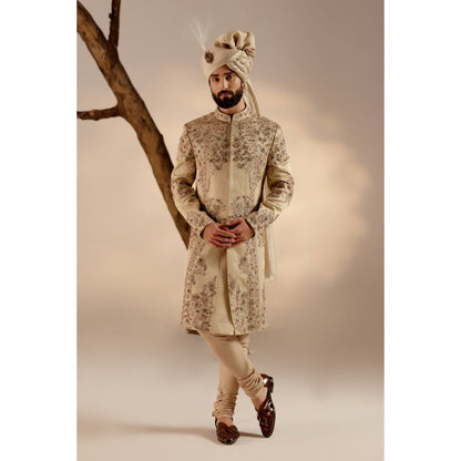 Jatin Malik Sand Ridge Sherwani with Safa (Set of 4)