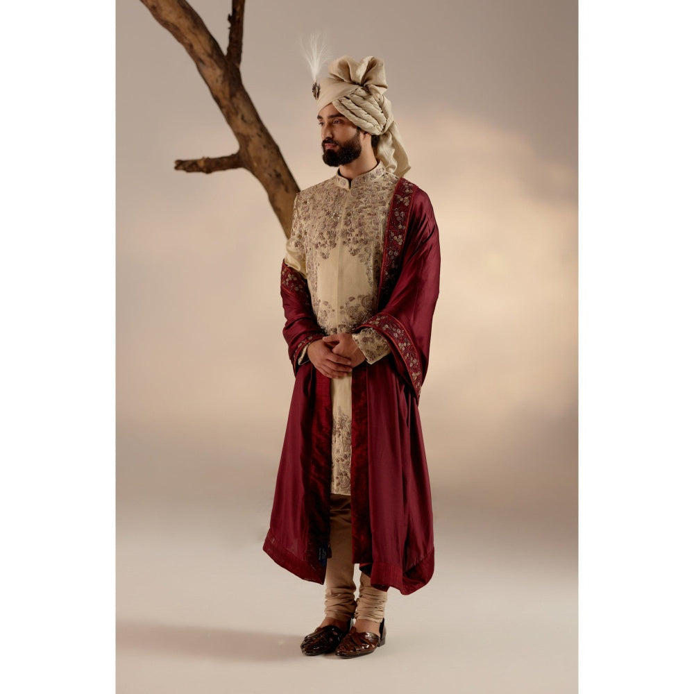 Jatin Malik Sand Ridge Sherwani with Red Stole & Safa (Set of 5)