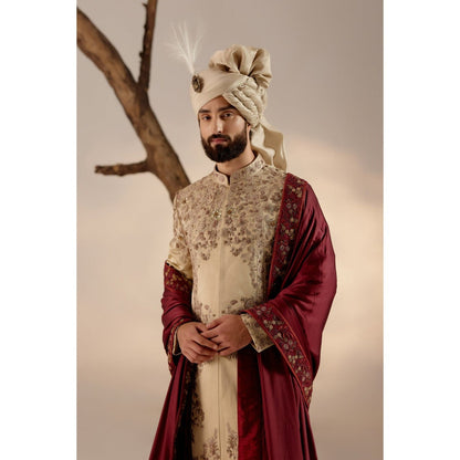 Jatin Malik Sand Ridge Sherwani with Red Stole & Safa (Set of 5)