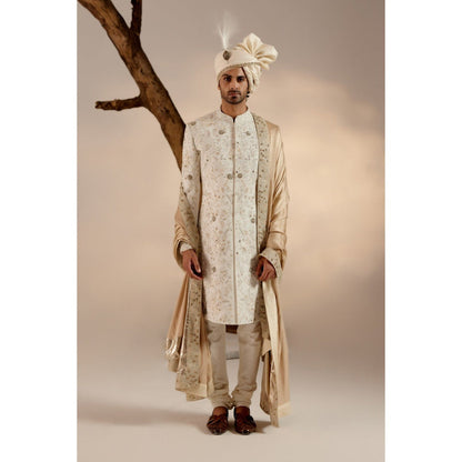 Jatin Malik Ivory & Gold Sherwani with Stole & Safa (Set of 5)