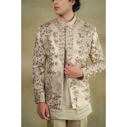 Jatin Malik Sand Grey Short Jacket with Kurta & Trouser (Set of 3)