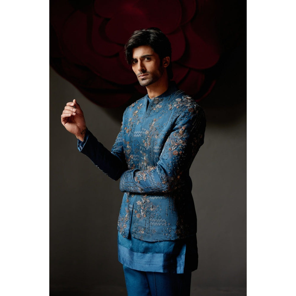 Jatin Malik New Teal Short Jacket with Kurta & Trouser (Set of 3)