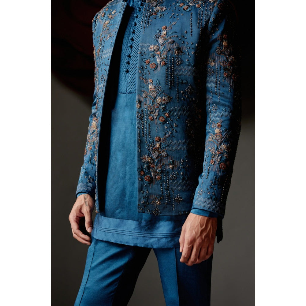 Jatin Malik New Teal Short Jacket with Kurta & Trouser (Set of 3)