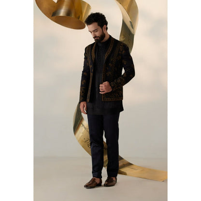 Jatin Malik Black & Gold Short Jacket with Kurta & Trouser (Set of 3)