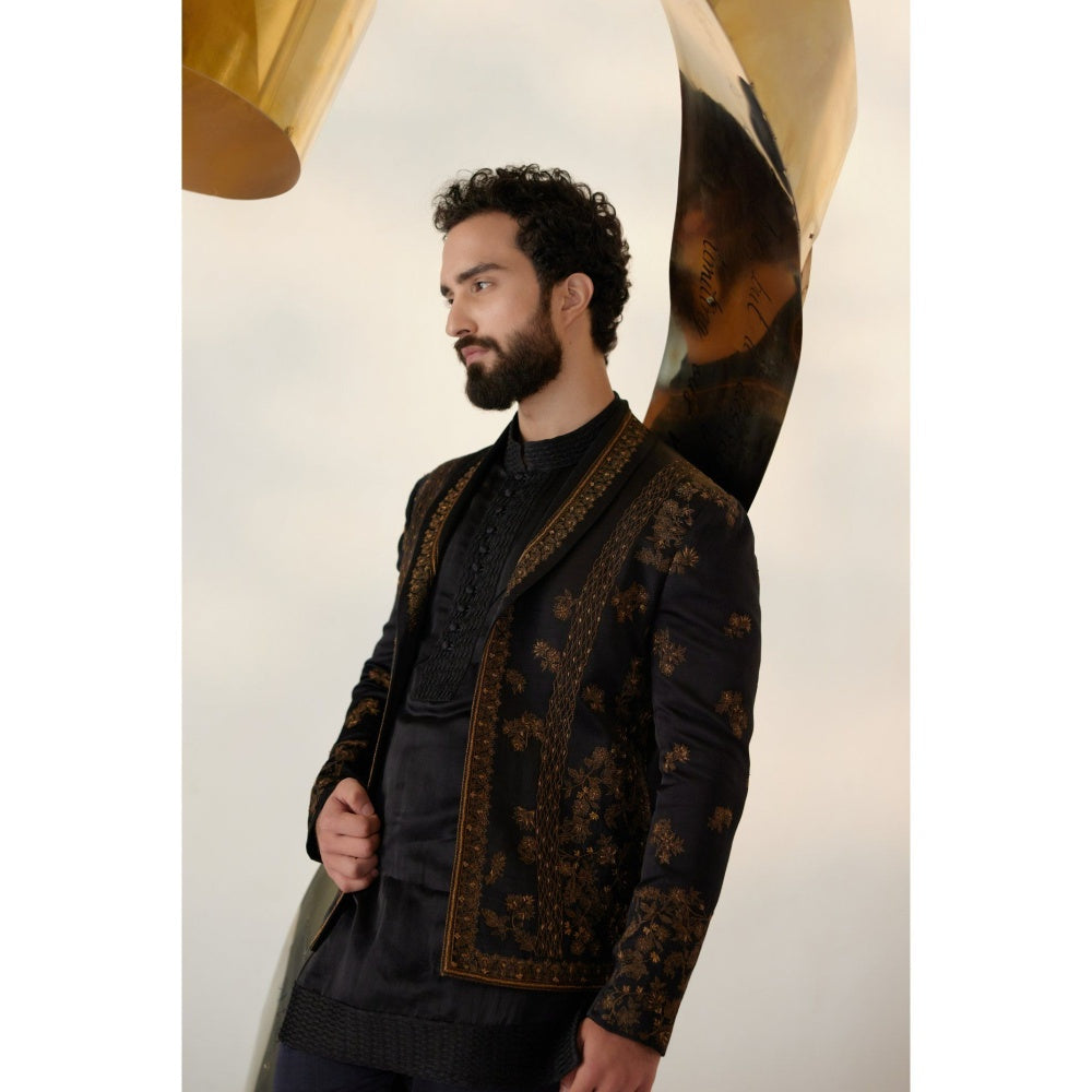 Jatin Malik Black & Gold Short Jacket with Kurta & Trouser (Set of 3)