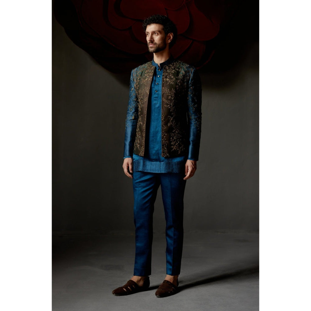 Jatin Malik Teal & Brown Short Jacket with Kurta & Trouser (Set of 3)