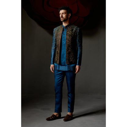 Jatin Malik Teal & Brown Short Jacket with Kurta & Trouser (Set of 3)