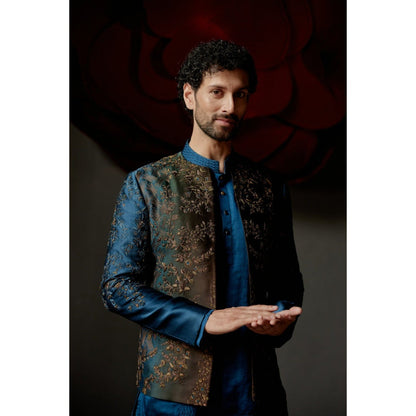 Jatin Malik Teal & Brown Short Jacket with Kurta & Trouser (Set of 3)