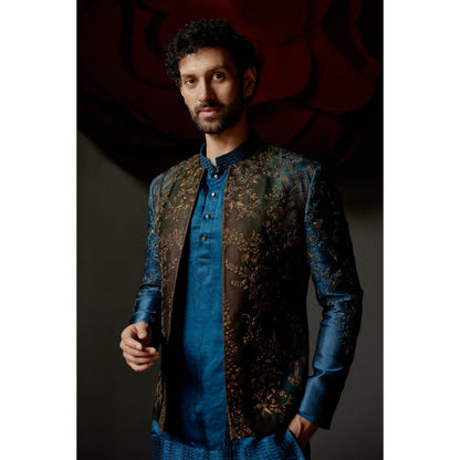 Jatin Malik Teal & Brown Short Jacket with Kurta & Trouser (Set of 3)
