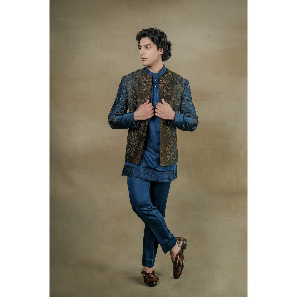 Jatin Malik Teal & Brown Short Jacket with Kurta & Trouser (Set of 3)