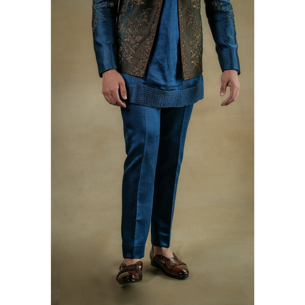 Jatin Malik Teal & Brown Short Jacket with Kurta & Trouser (Set of 3)