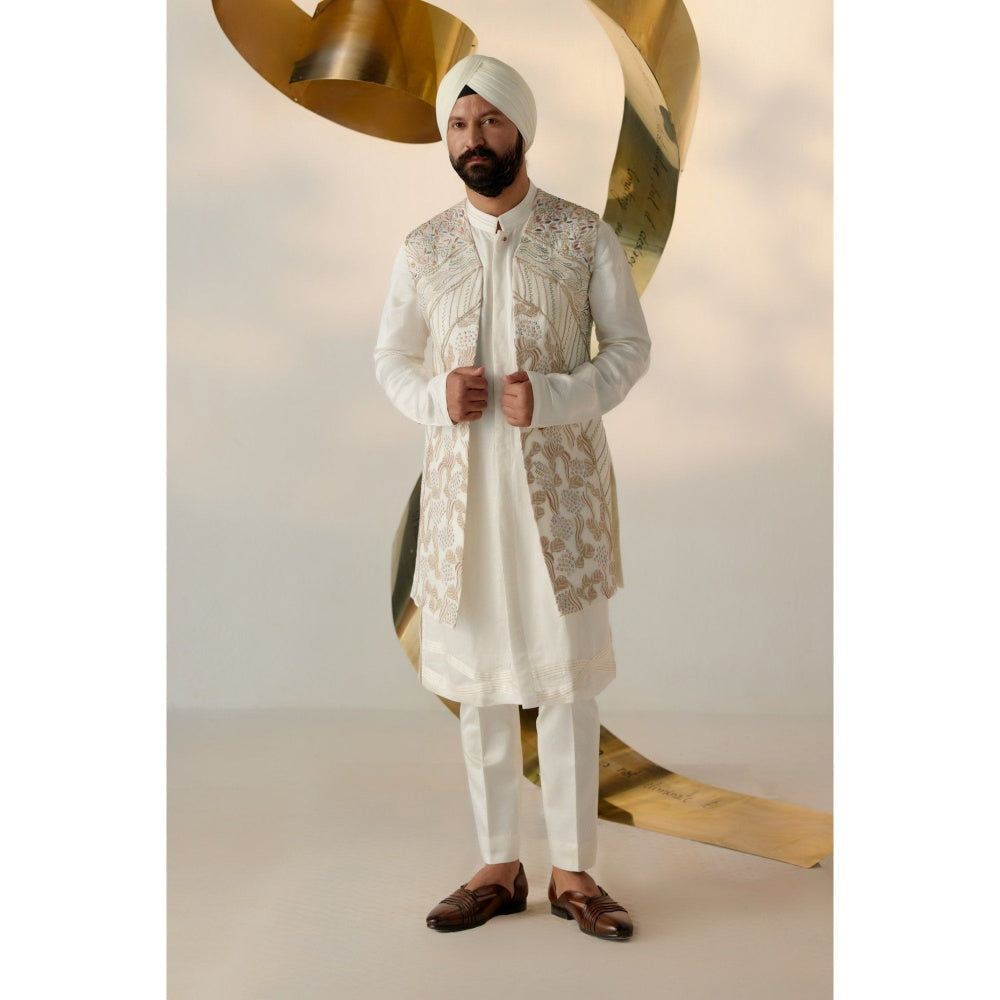 Jatin Malik Ivory & Gold Shrug with Kurta & Trouser (Set of 3)