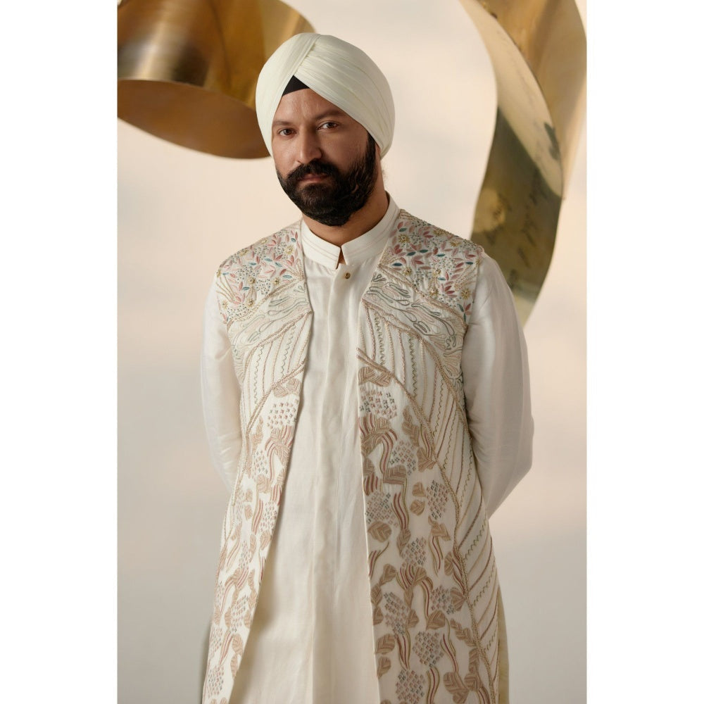 Jatin Malik Ivory & Gold Shrug with Kurta & Trouser (Set of 3)