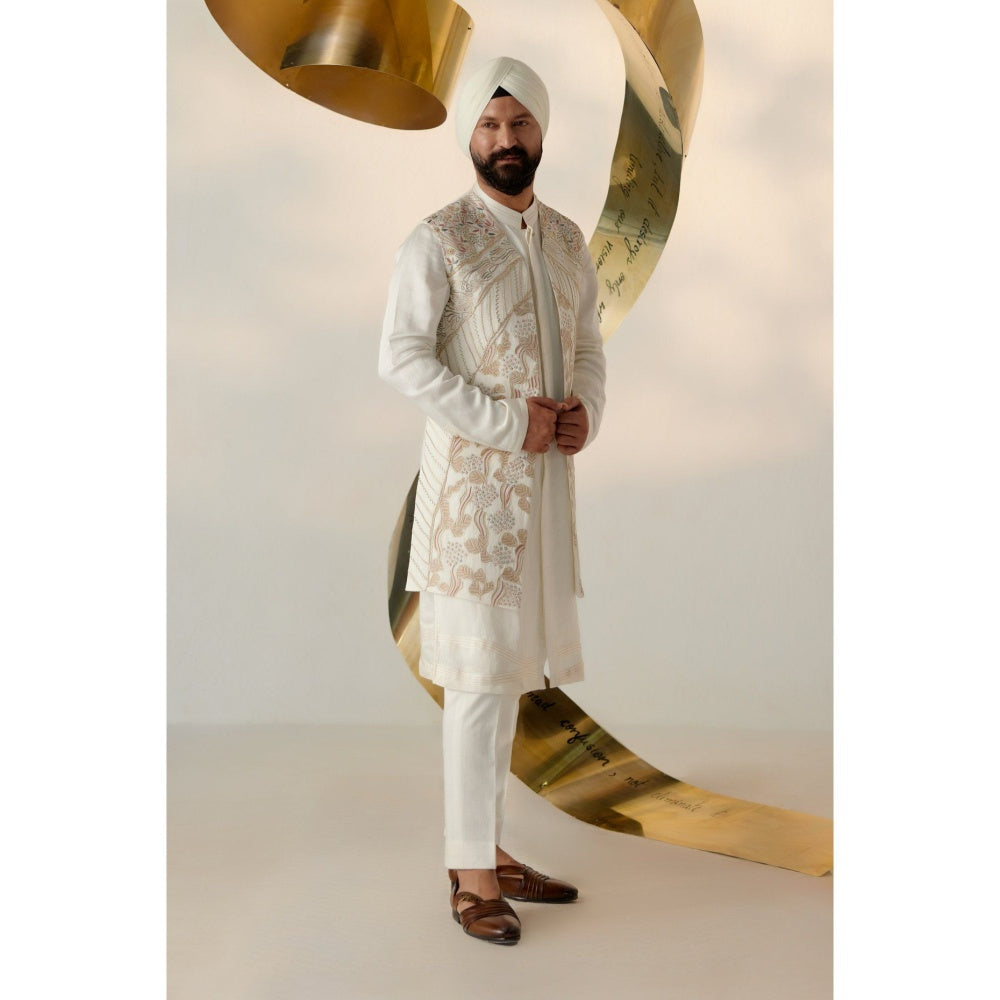 Jatin Malik Ivory & Gold Shrug with Kurta & Trouser (Set of 3)